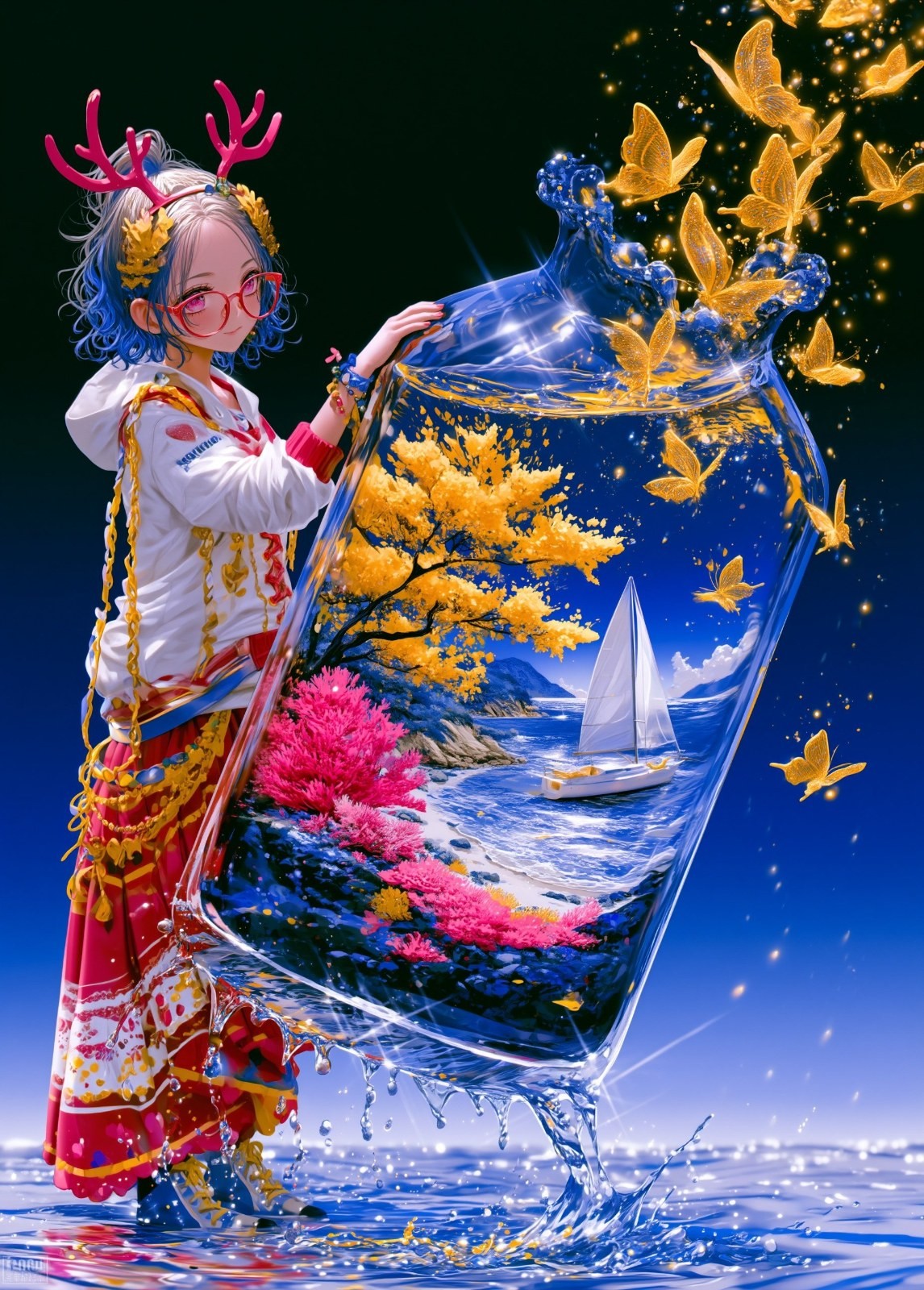 藍髮少女戴著粉紅鹿角和紅色眼鏡，穿著白色連帽衣及紅色裙褲，抱著透明玻璃瓶，瓶內是微縮的夢幻世界