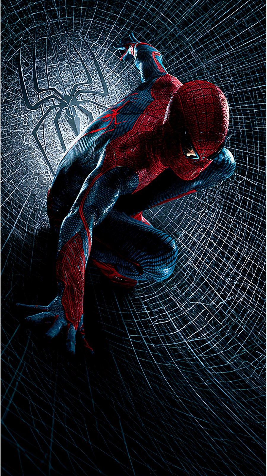 Spider-Man is perched on a giant web in a red and blue tight suit
