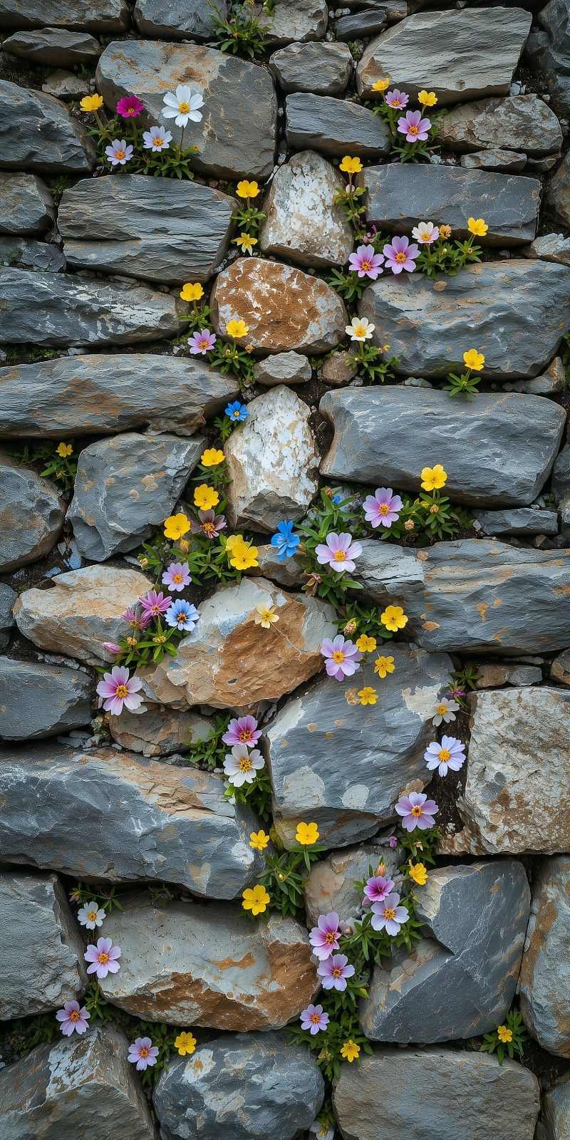 Eine grau-blaue Steinmauer und lebhafte Wildblumen bilden einen markanten Kontrast