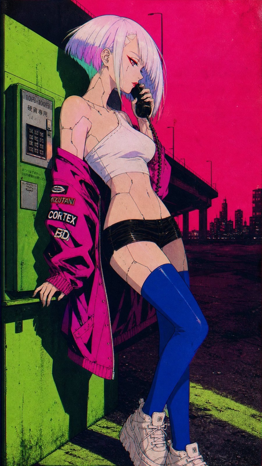 A silver-haired woman is making a call next to a public telephone booth