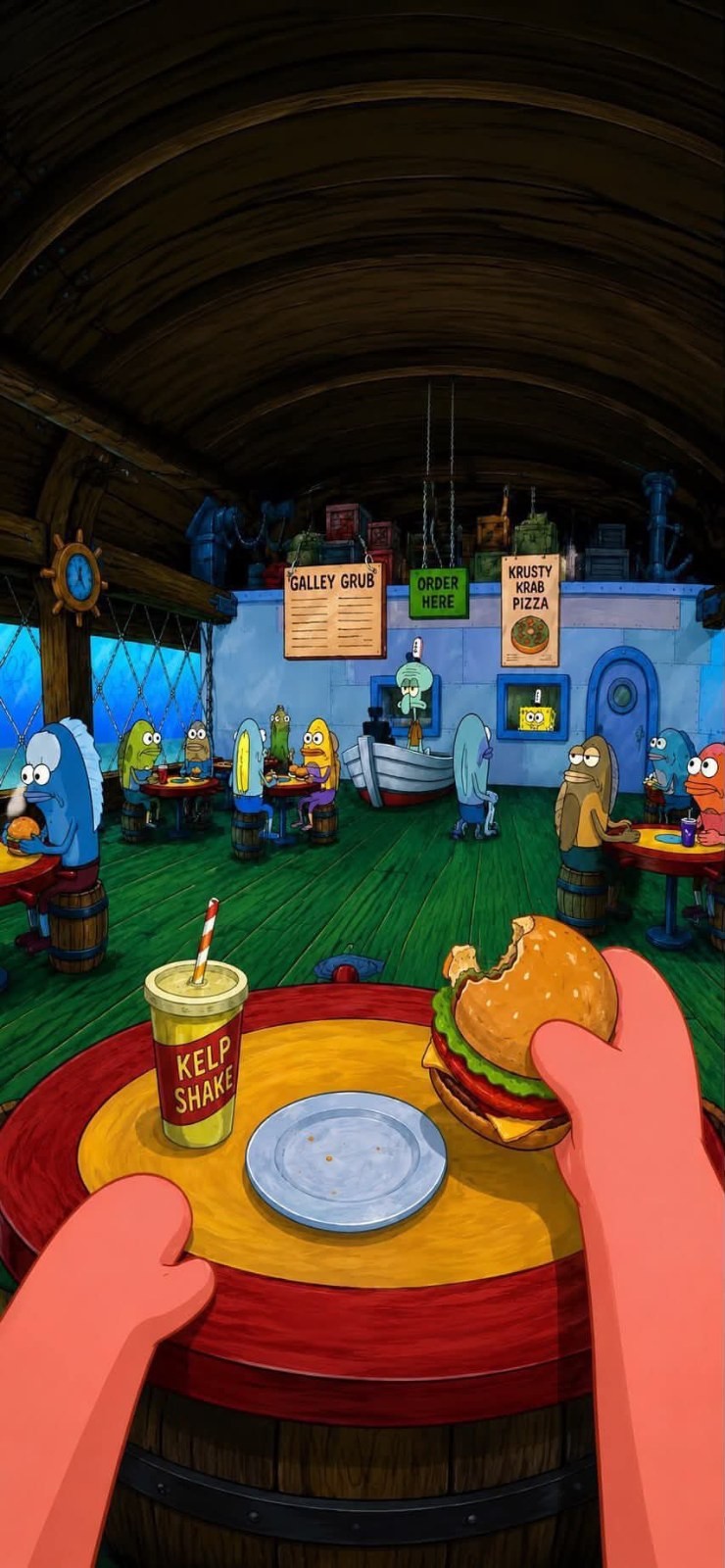 I am enjoying a burger and shake in a colorful restaurant surrounded by various customers