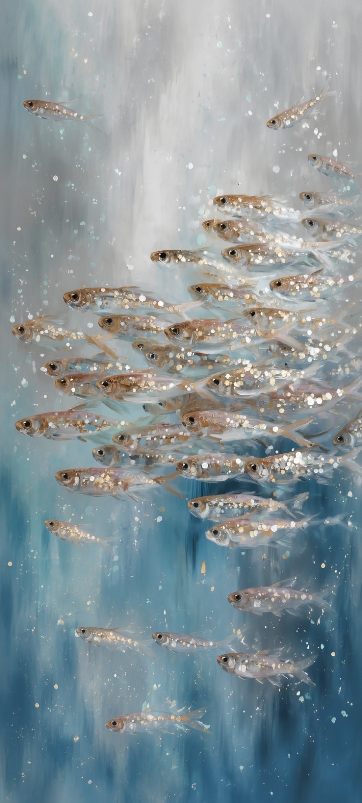 Silver-white small fish are swimming in groups in a deep blue water area