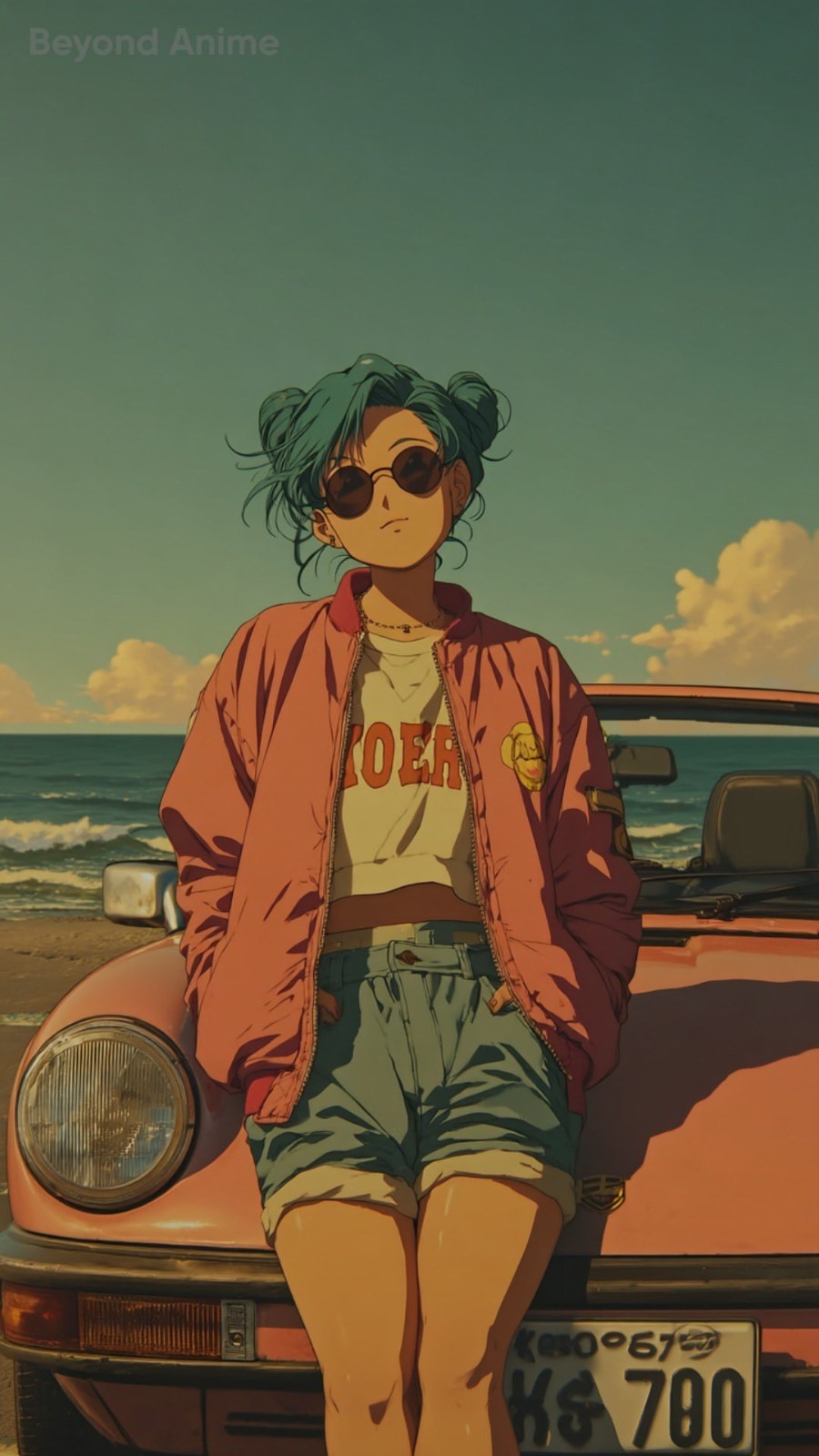 Uma mulher com cabelo turquesa em uma jaqueta laranja sentada em um carro vintage vermelho
