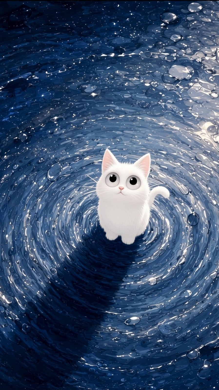 A pure white cartoon cat floats on a deep blue water surface