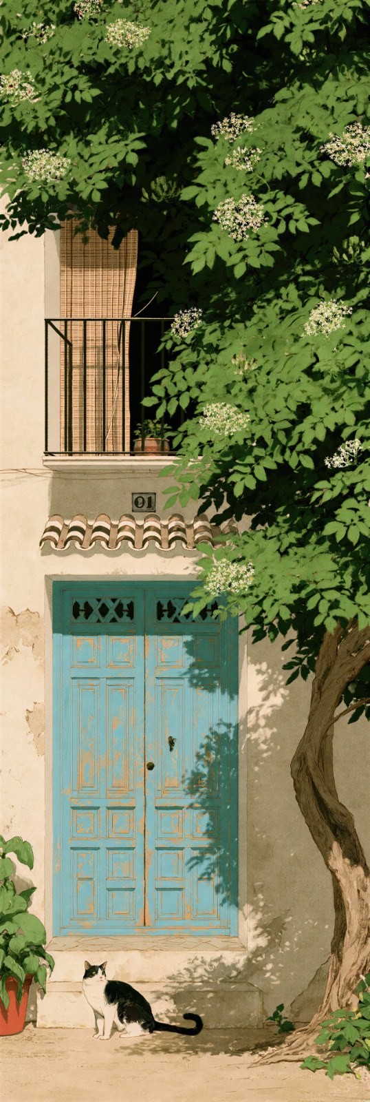 يصور عمارة بيضاء على الطراز المتوسطي وقطًا أبيض وأسود