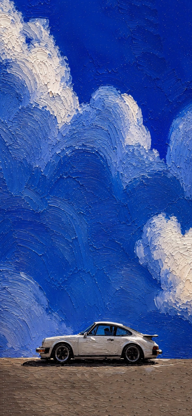 一辆白色复古跑车在厚涂油画风格的背景中展现出其流畅的侧面轮廓