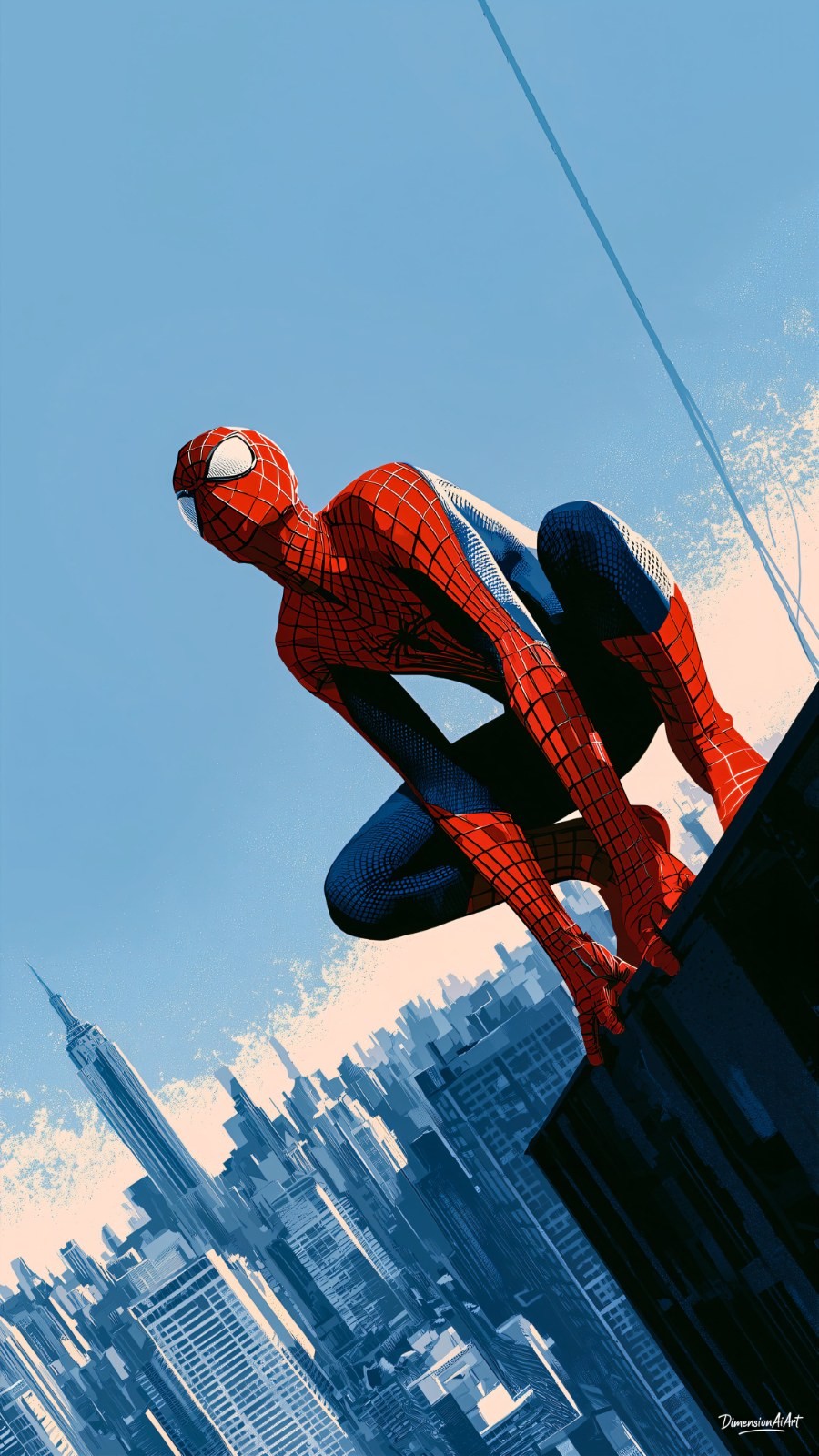 O Homem-Aranha vestido com um traje clássico de quadrados vermelhos e azuis está agachado na borda de um arranha-céu