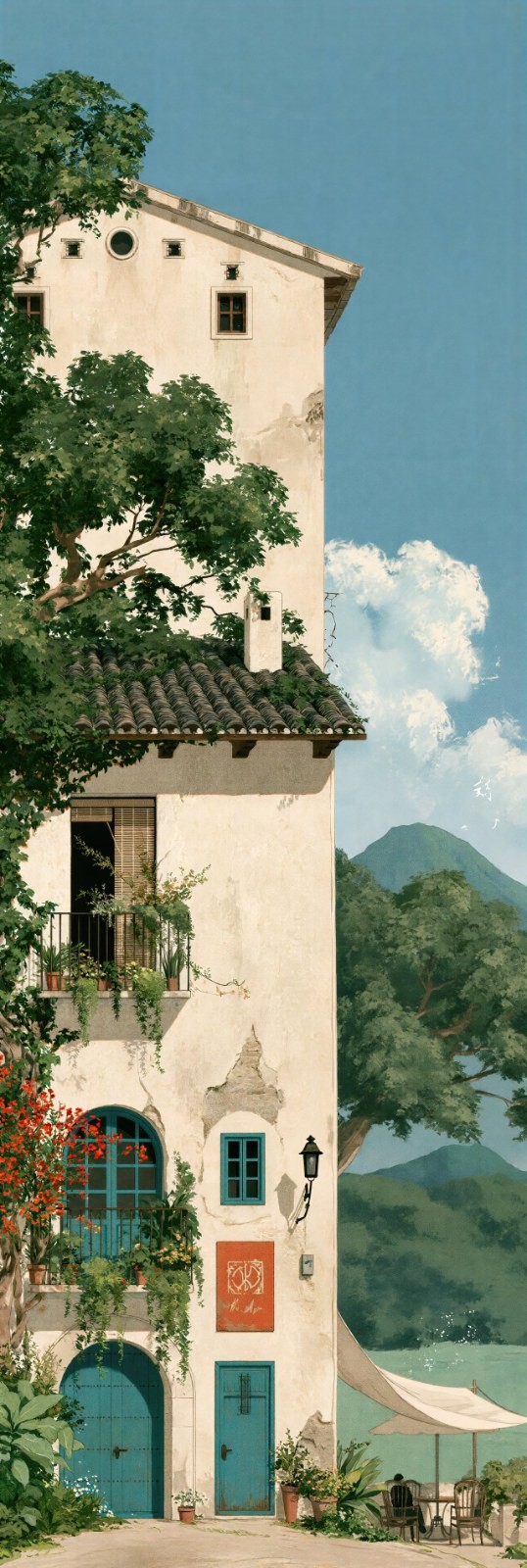 Um antigo edifício bege de três andares cercado por plantas verdes apresenta um estilo de ilustração curativa
