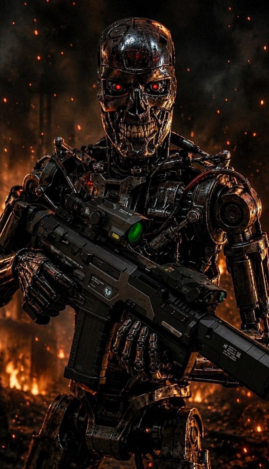 No centro, há um robô de metal com olhos vermelhos brilhantes segurando um fuzil preto