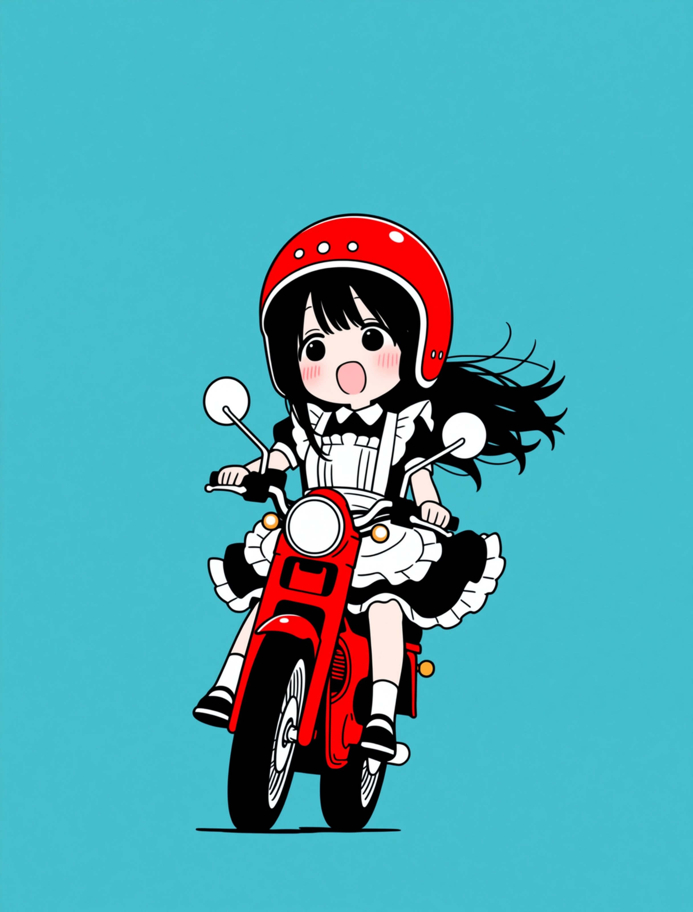 A girl on a motorcycle with flowing hair and a dynamic pose shows energy and playfulness