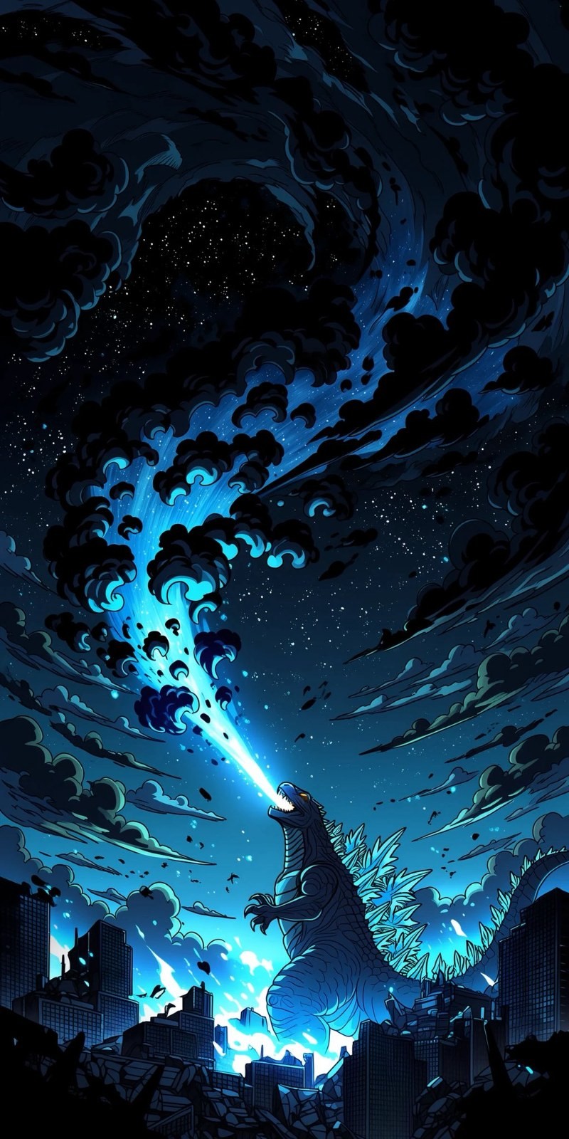巨型怪獸在廢墟上向夜空噴射光束
