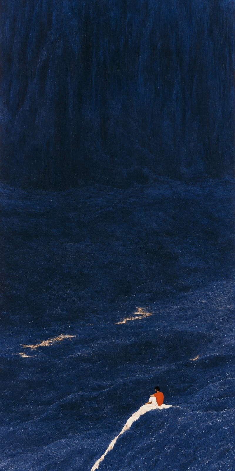 Under the deep blue night sky, a person in orange and white sits quietly on the grass creating a sense of solitude and tranquility