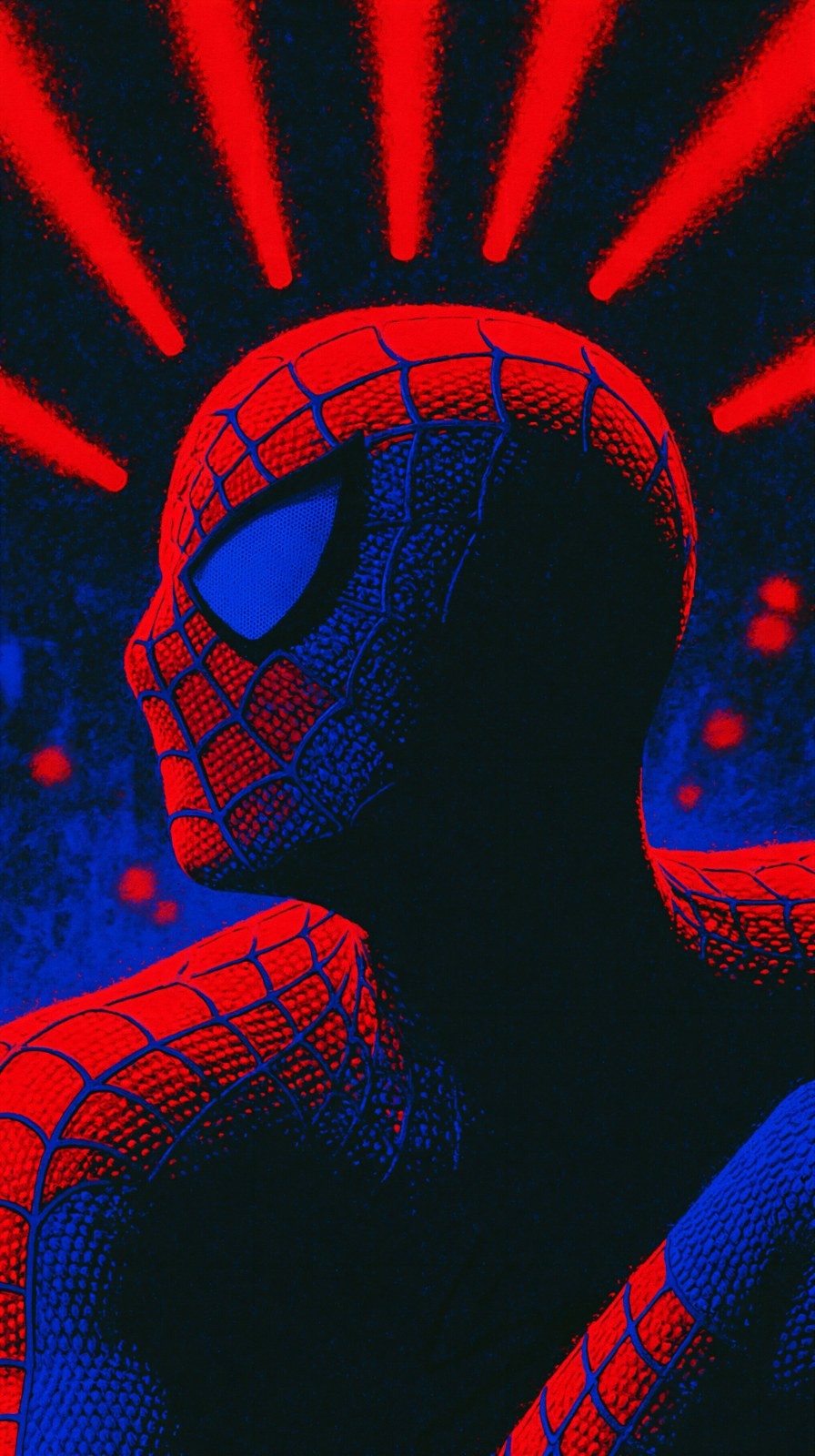A character in a red and blue spider web bodysuit, with one eye glowing in a mysterious blue light