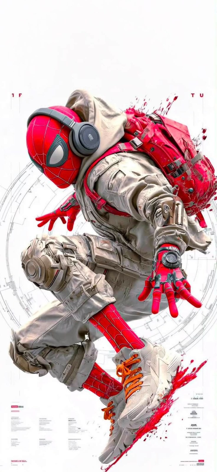 The character wears a trendy street-style Spider-Man suit and is in a dynamic jumping pose