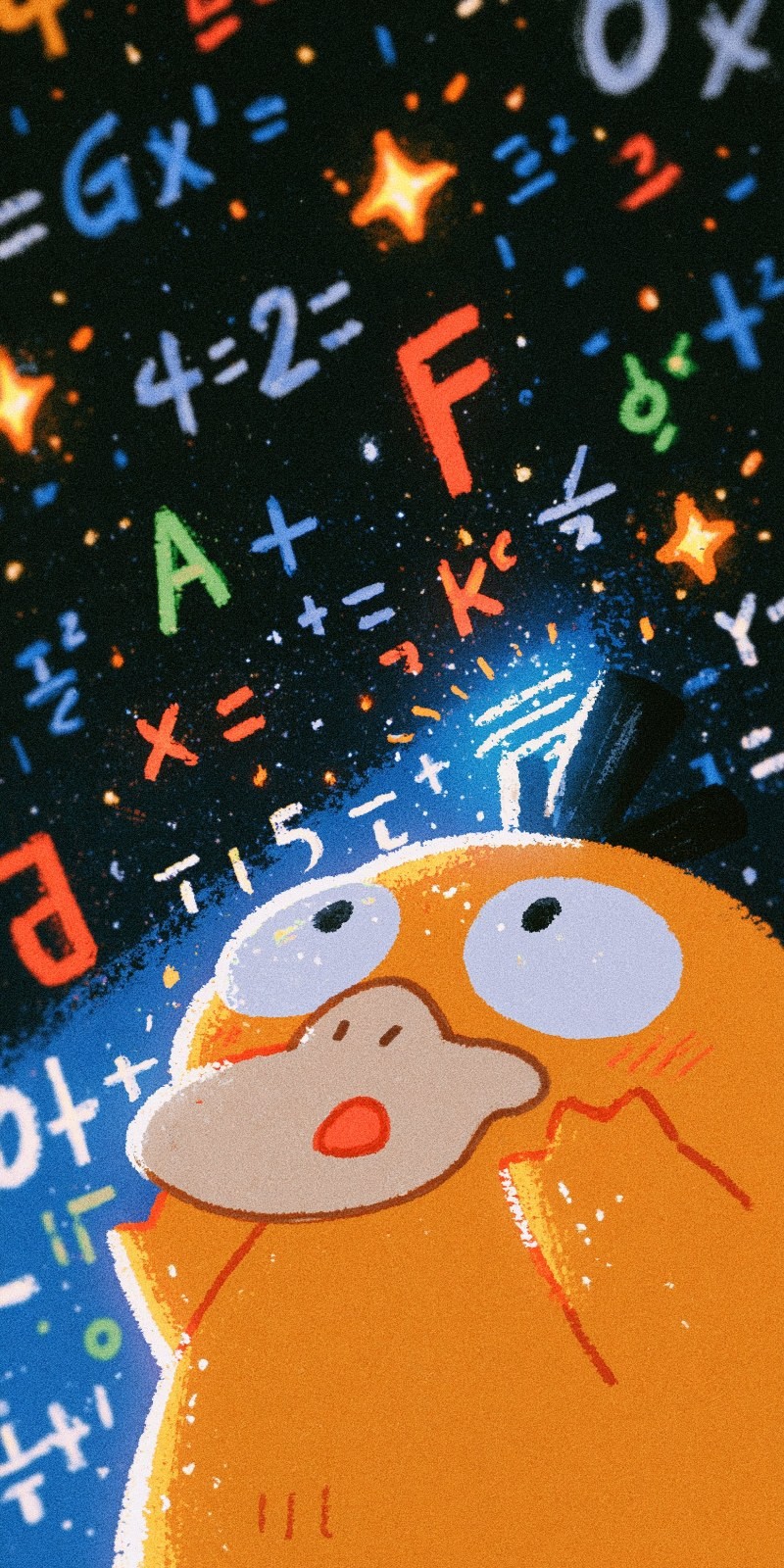 Un pájaro de dibujos animados naranja mira las estrellas y las fórmulas matemáticas bajo un cielo azul oscuro
