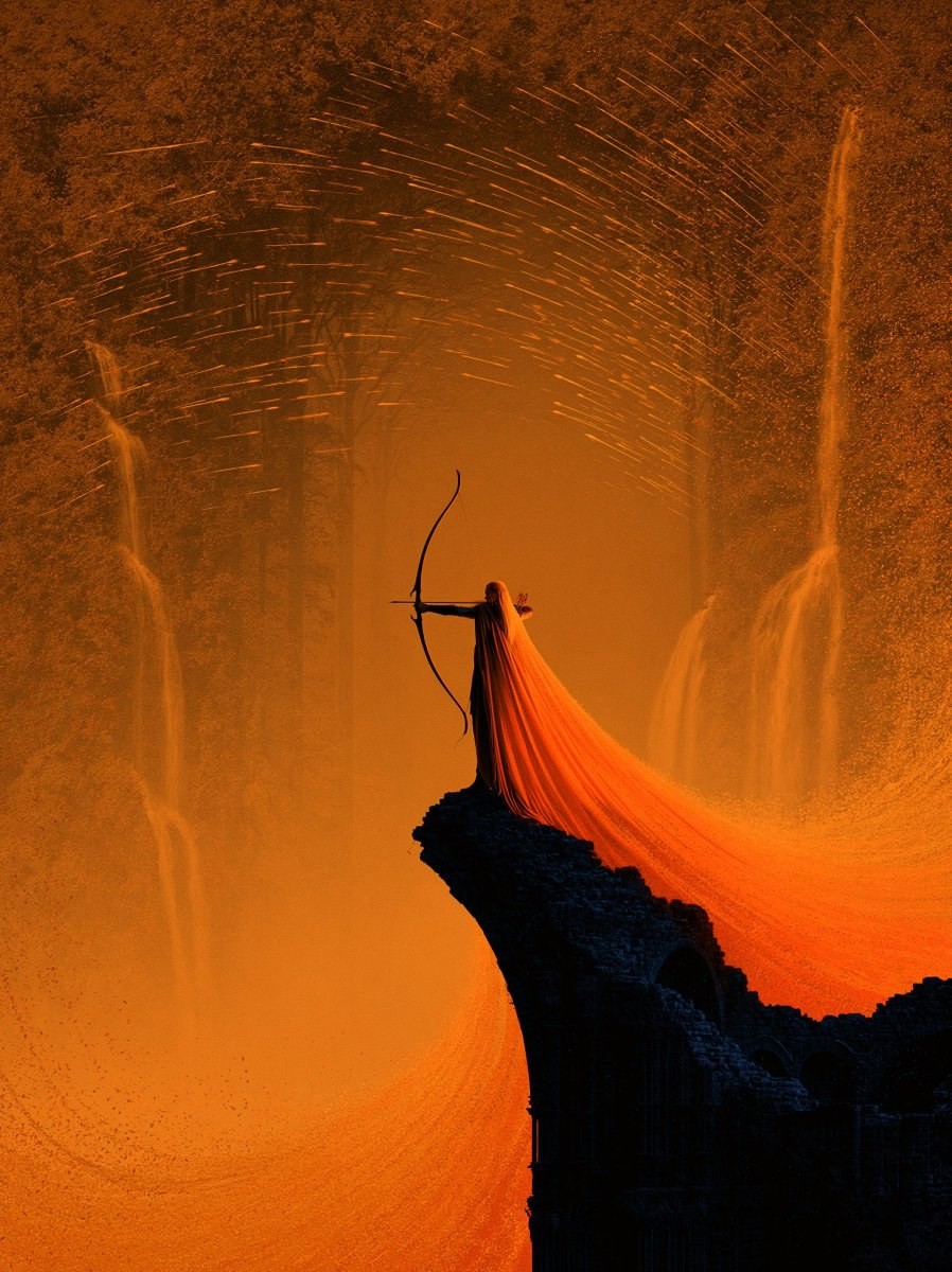 A cloaked figure stands at the cliff's edge drawing a bow