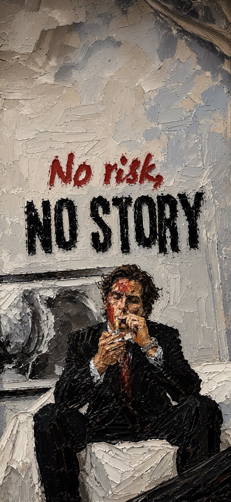 Une peinture à l'huile épaisse représentant un homme en costume noir assis à côté d'une baignoire