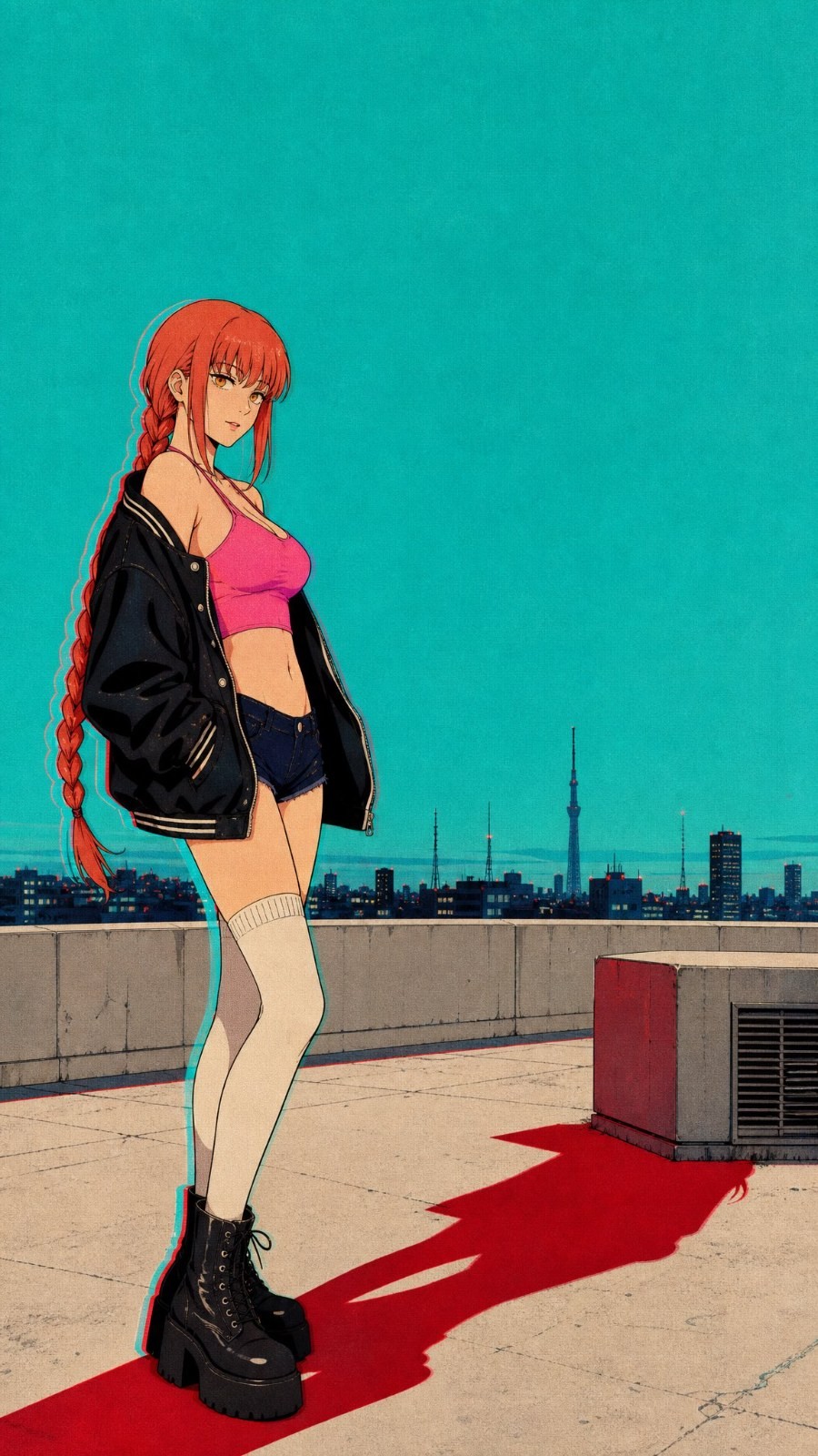 Uma mulher de cabelo vermelho está no telhado usando um top rosa e shorts escuros