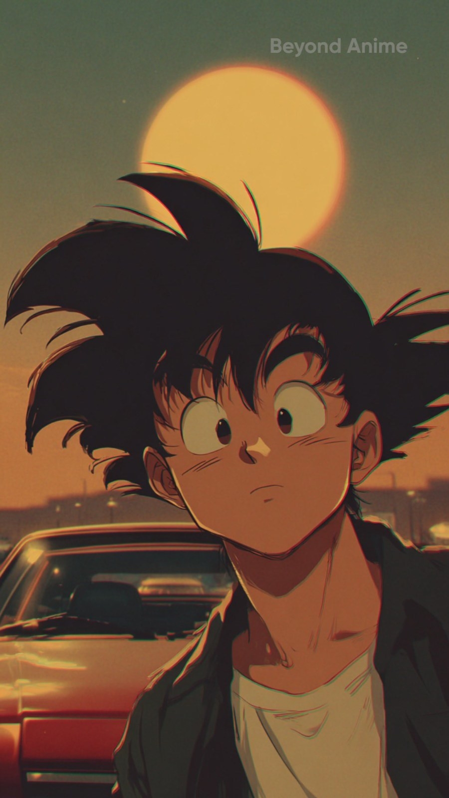 Um garoto de cabelo preto com um penteado de ouriço, vestindo uma camada interna branca e um casaco escuro, está ao lado de um carro clássico vermelho com um pôr do sol na linha do horizonte da cidade