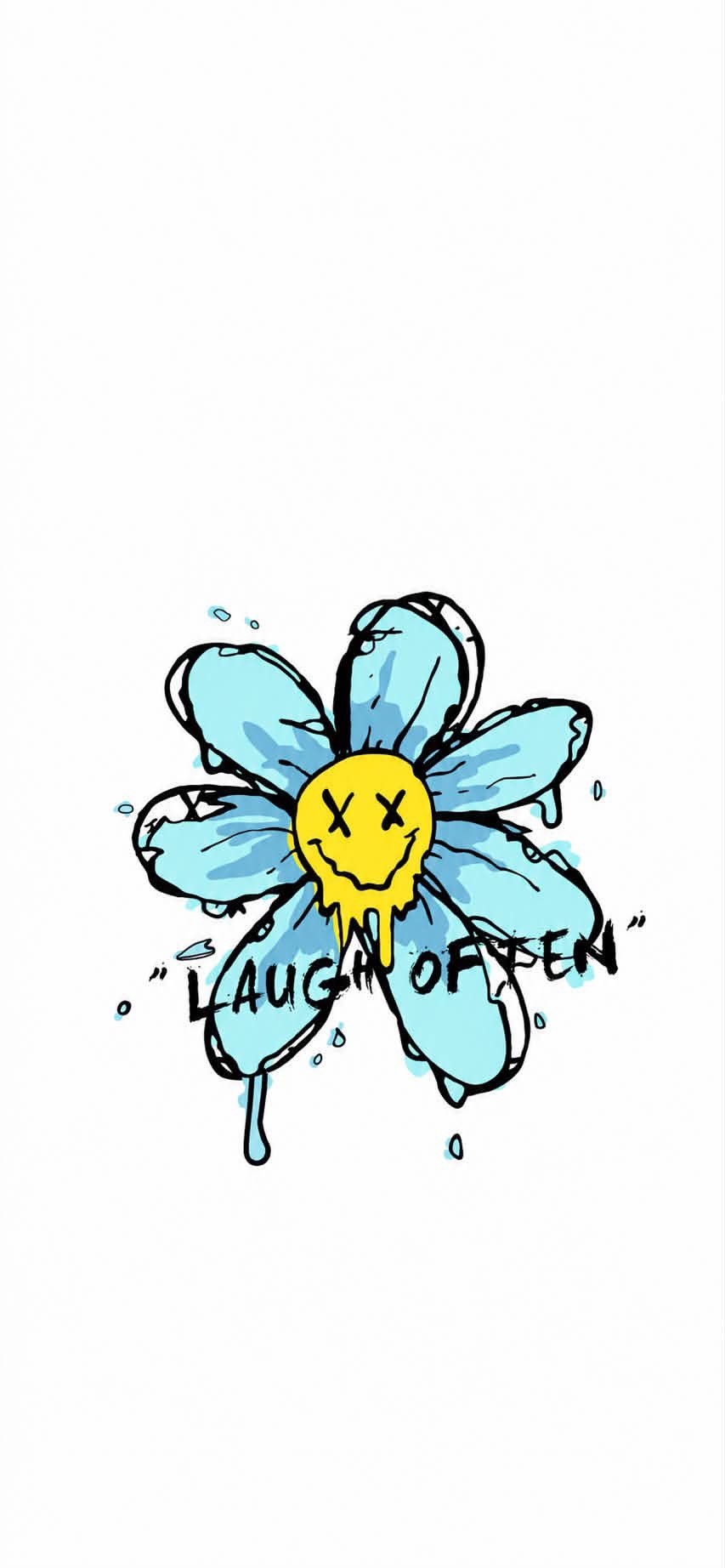 A hand-drawn illustration of a blue flower featuring a smiling face conveys a playful and positive message