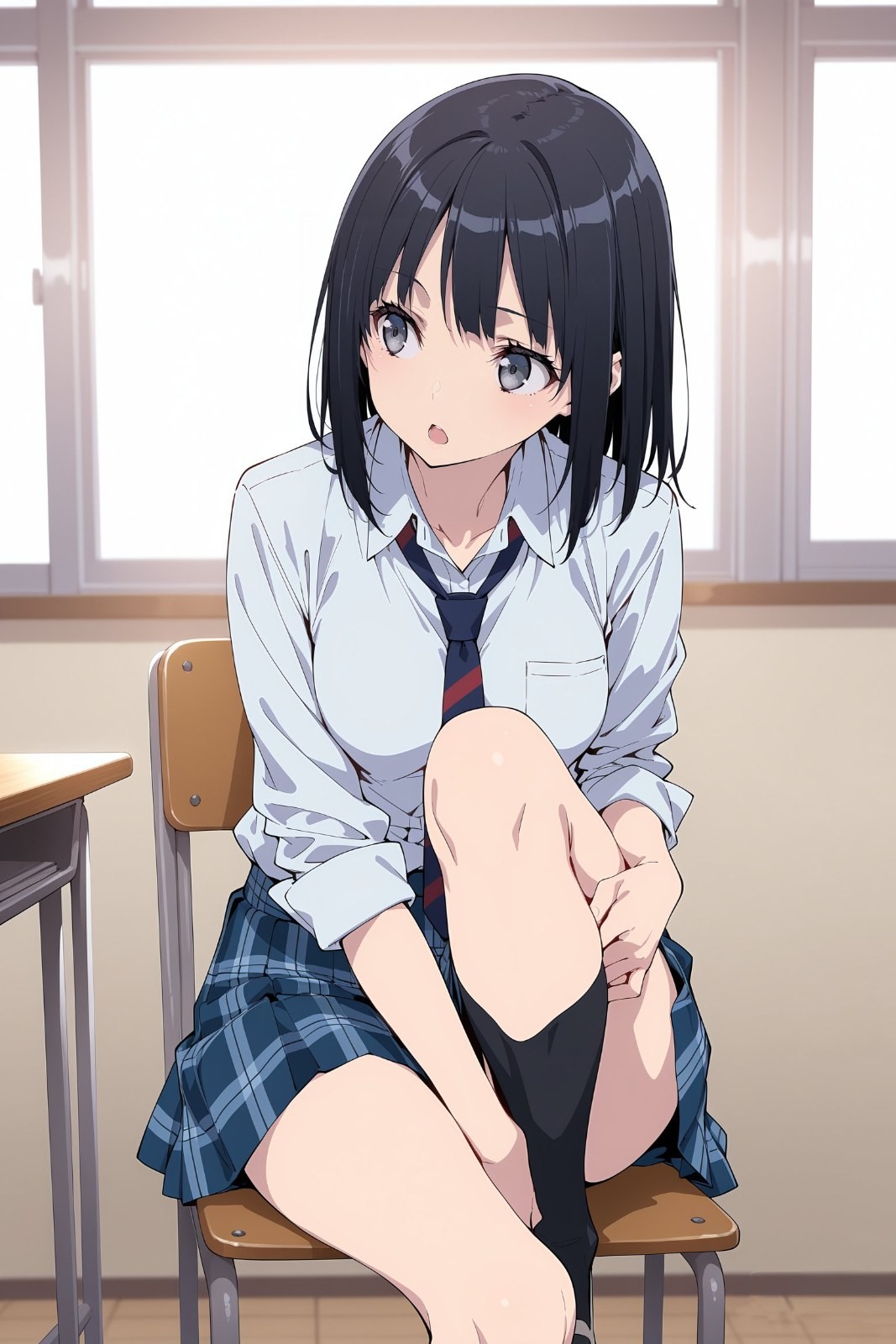 A black-haired girl sits in a classroom wearing a light blue shirt and blue-black checkered pleated skirt