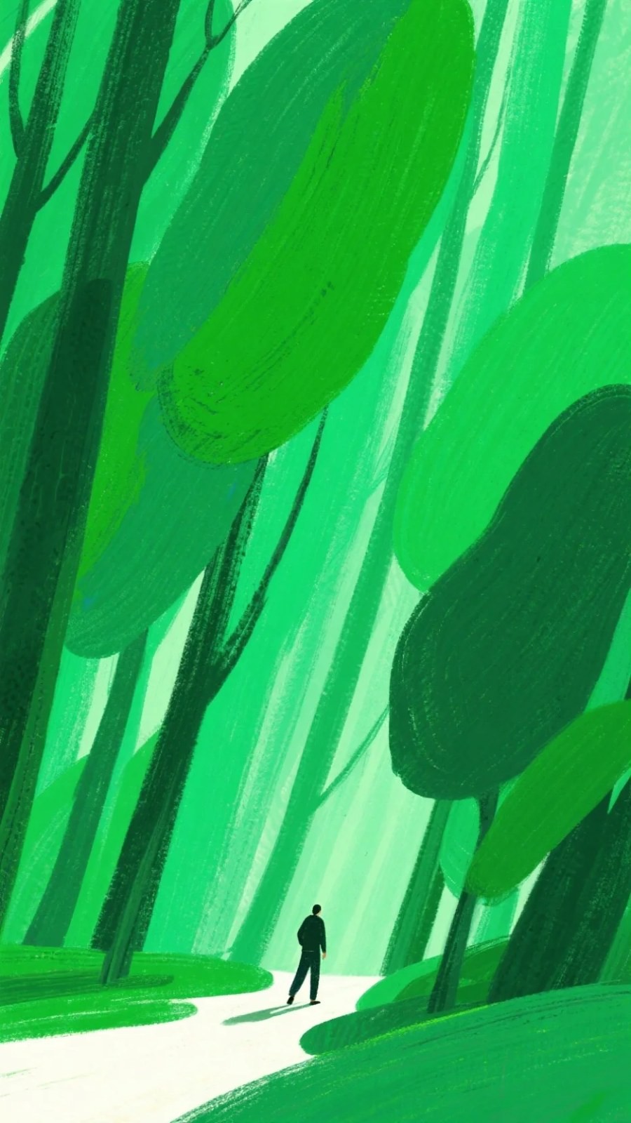 A small figure in dark clothing wanders a white path surrounded by towering giant trees