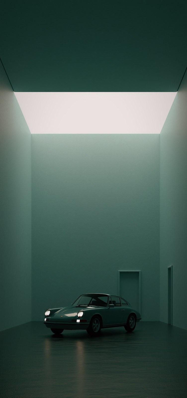 A deep green vintage sports car is parked in a minimalist space