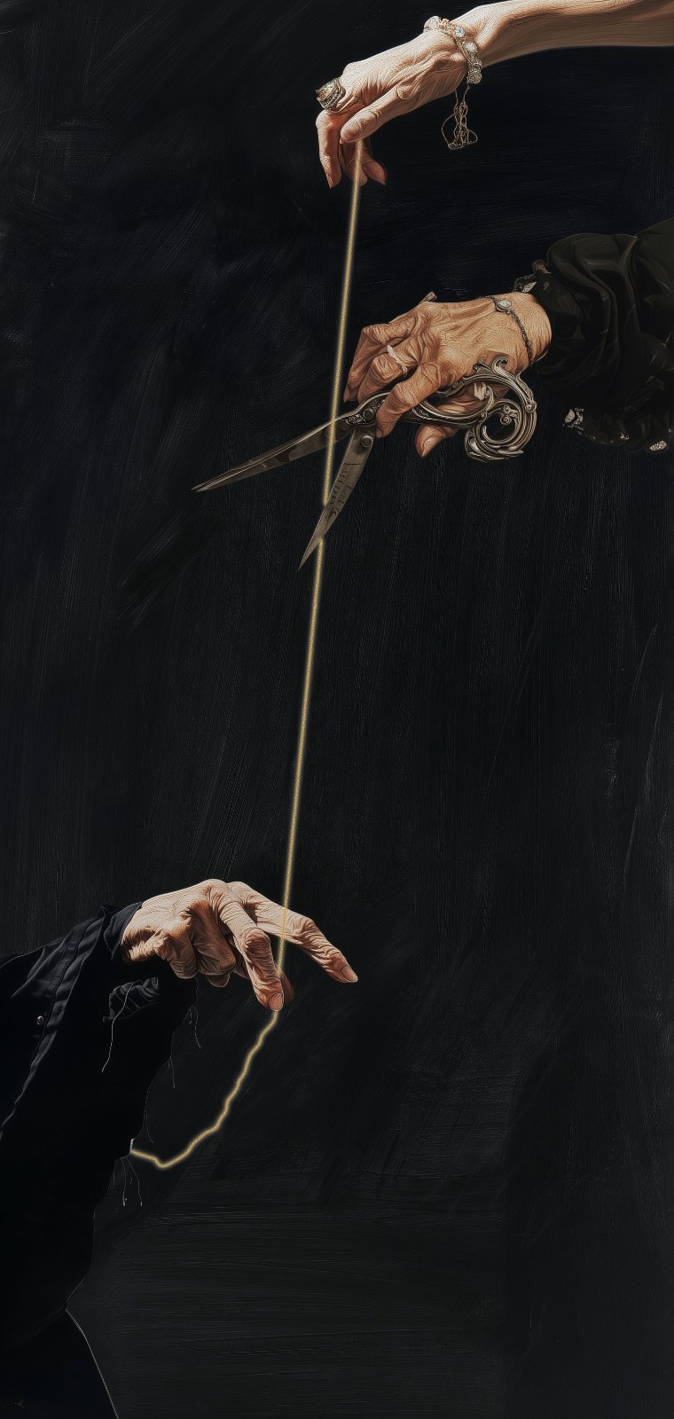 Three wrinkled hands create a mysterious surreal ritual in the darkness