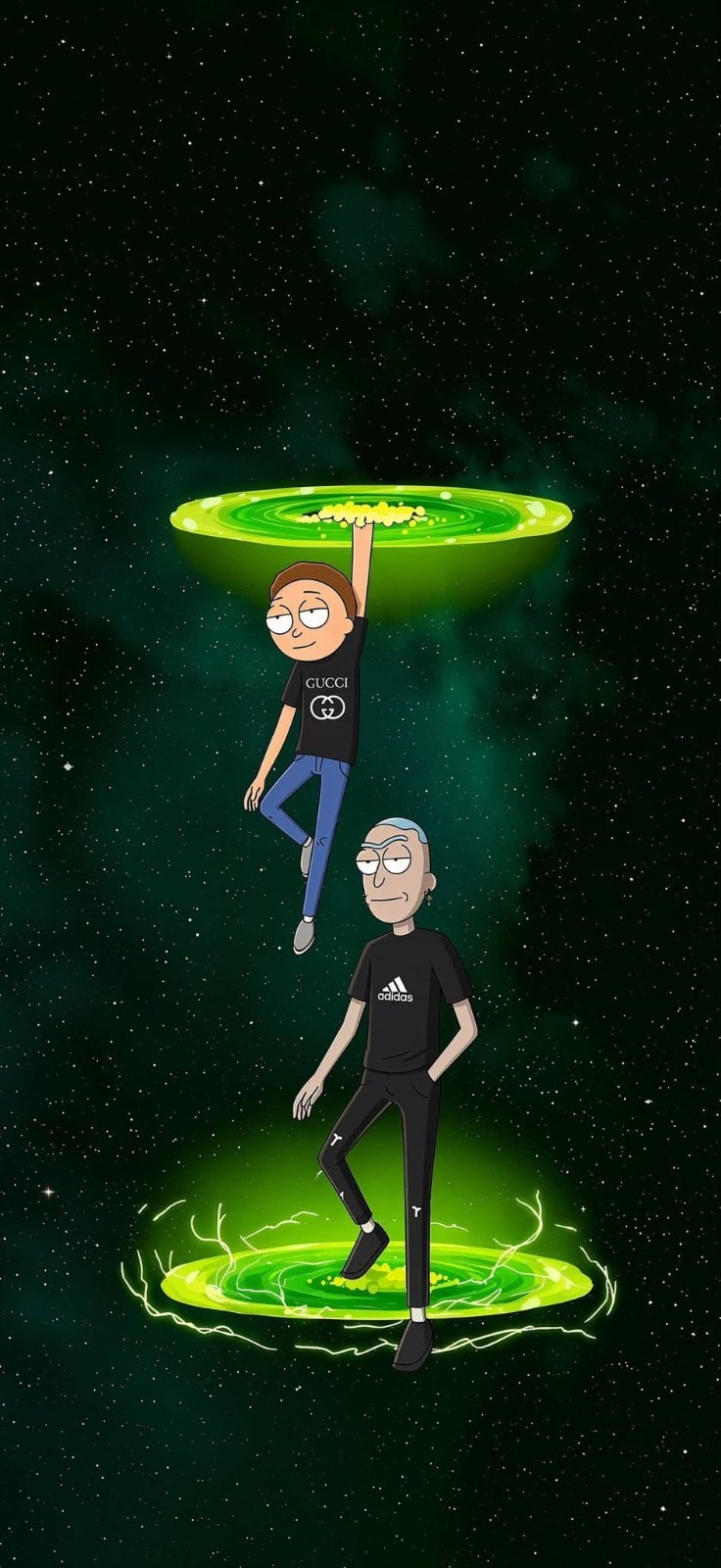 Zwei Cartoon-Charaktere interagieren durch ein fluoreszierendes grünes Wirbelportal unter einem sternenübersäten Himmel