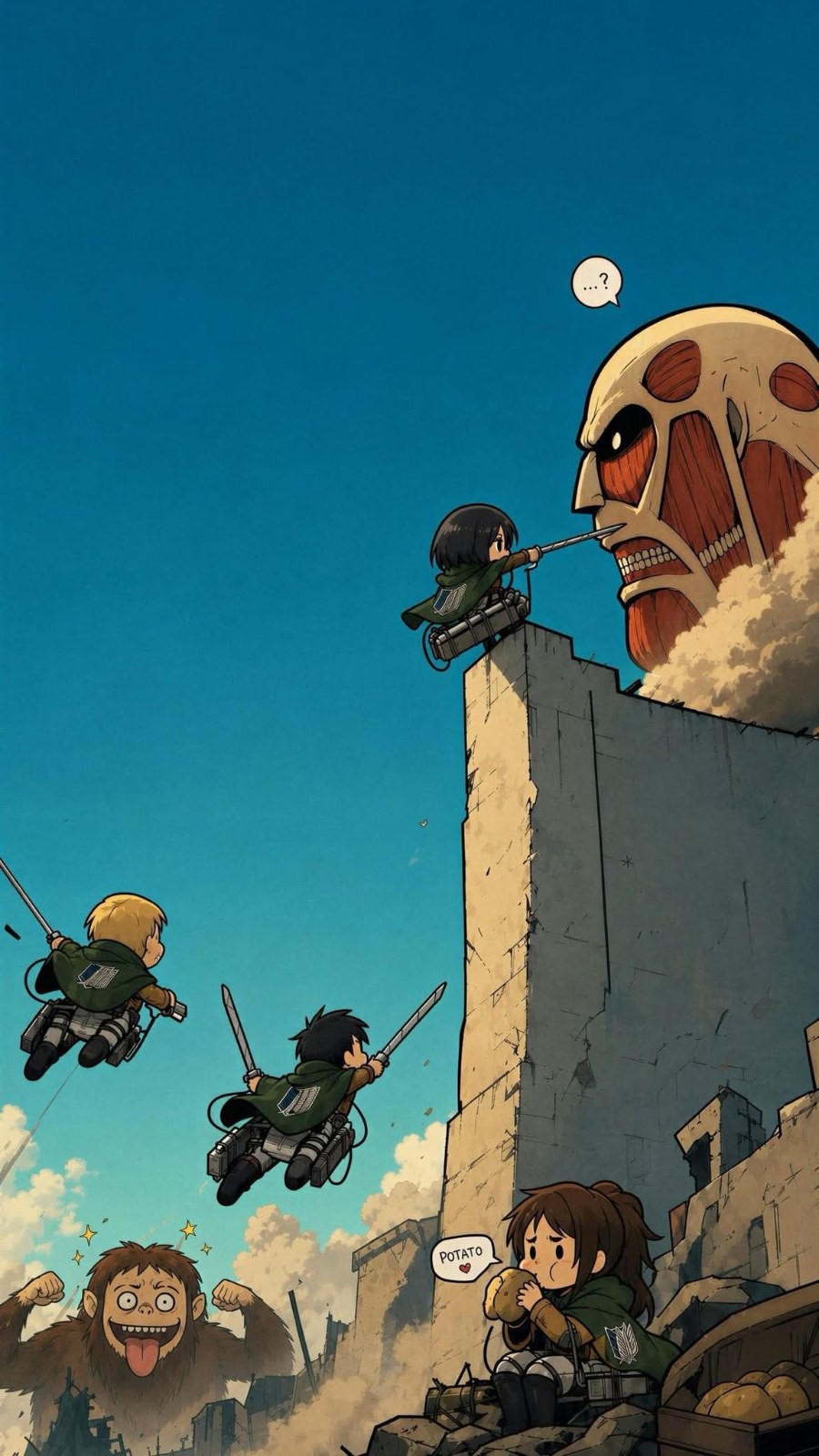 Um personagem de cabelo preto confronta um gigante com rosto de esqueleto com uma espada