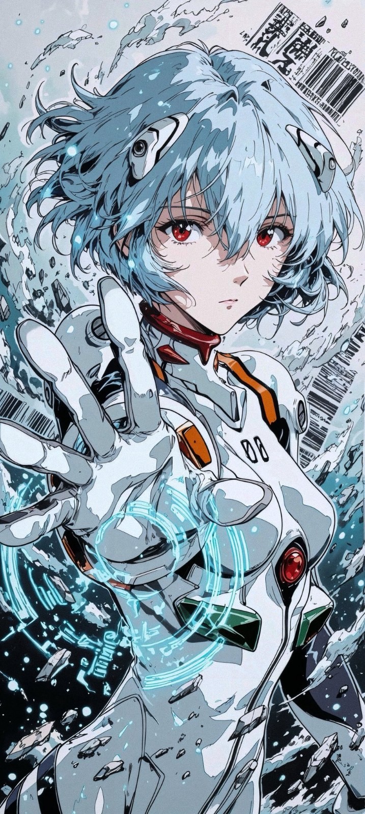 A short-haired girl with light blue hair wears a white mech suit and holds a floating blue-green ring