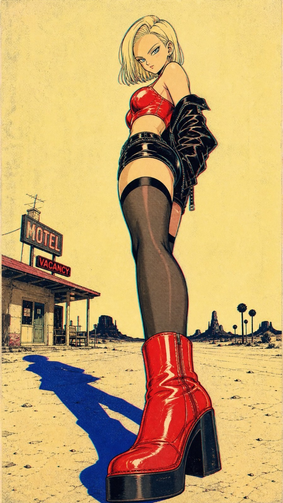 A blonde woman stands on a desert road wearing a red top and black shorts with red high heels