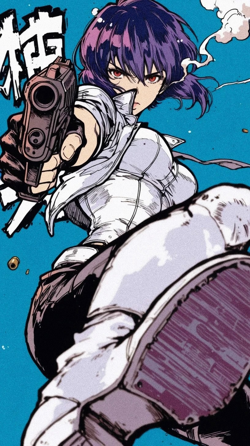 A woman with purple-pink short hair and red eyes is aiming in a combat stance