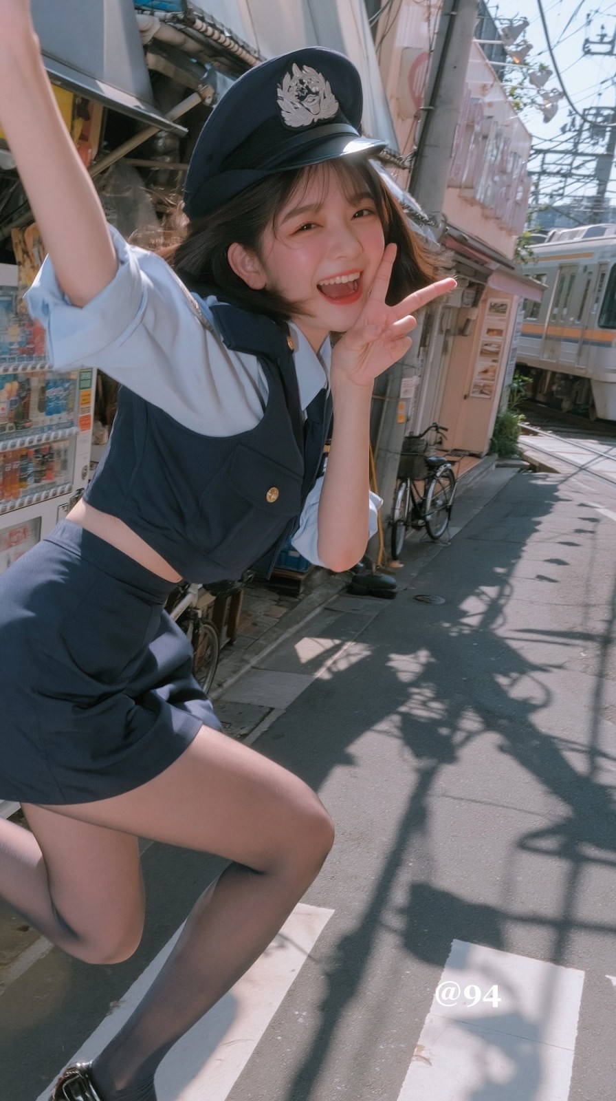 A young woman is kneeling on the streets of Japan wearing a uniform vest and skirt