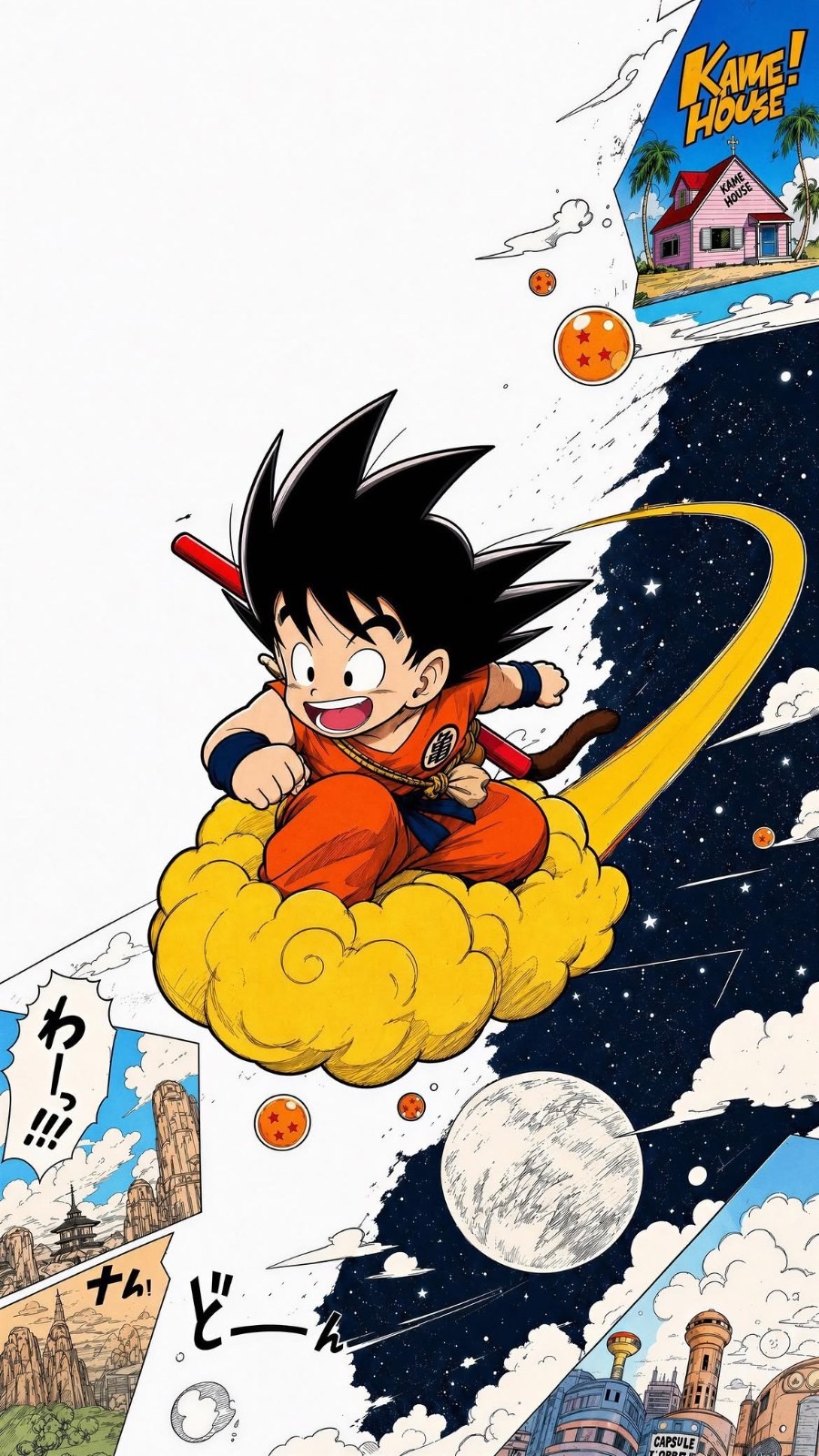 Um garoto vestido com um traje de artes marciais laranja voa em uma nuvem amarela com um sorriso radiante