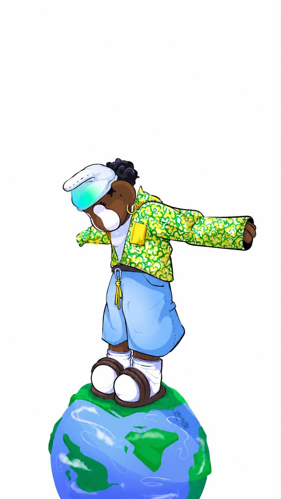 A dark-skinned character in a green and yellow patterned jacket stands on a small globe, embodying themes of exploration