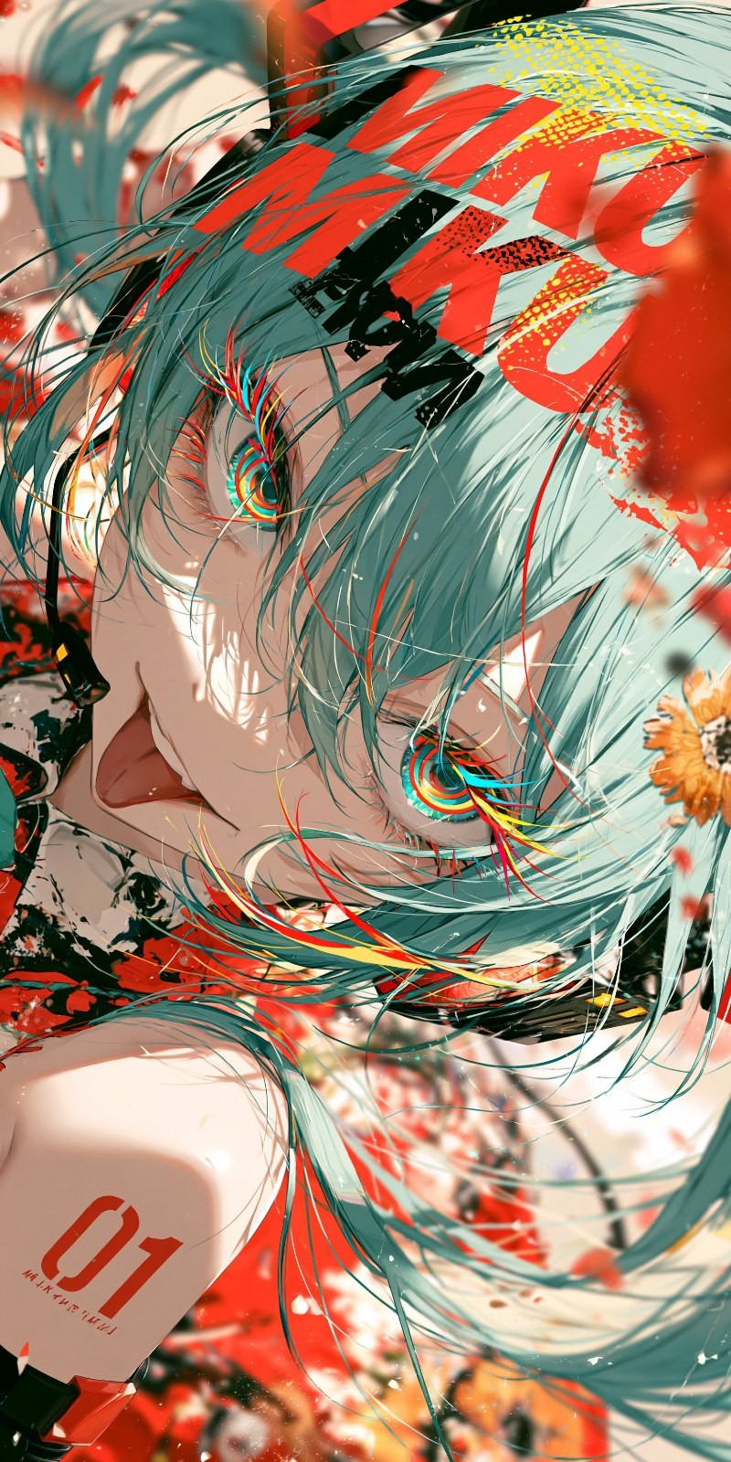 Personagem feminina de anime de cabelos azul-verde exibe sorriso enlouquecido com estilo graffiti de rua