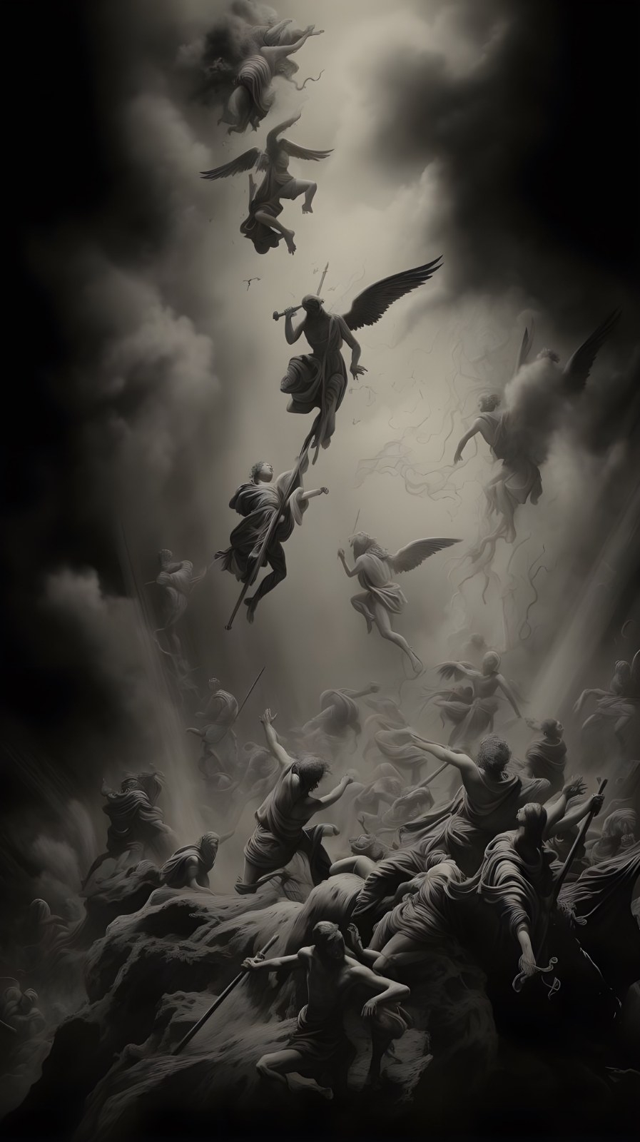 Black and white religious myth painting depicts the atmosphere of the apocalypse