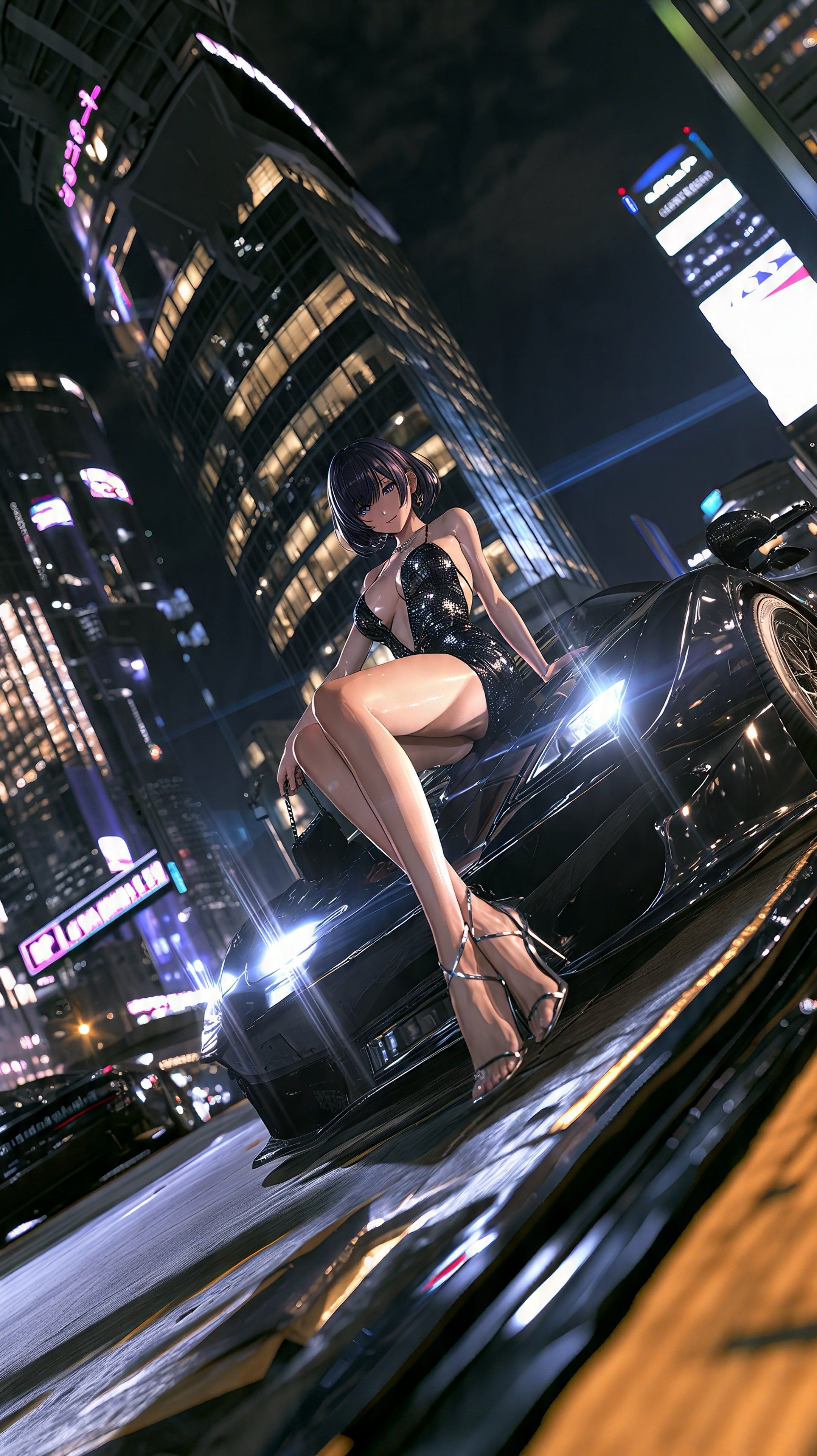 Young woman seated on hood of black sports car wearing tight black dress