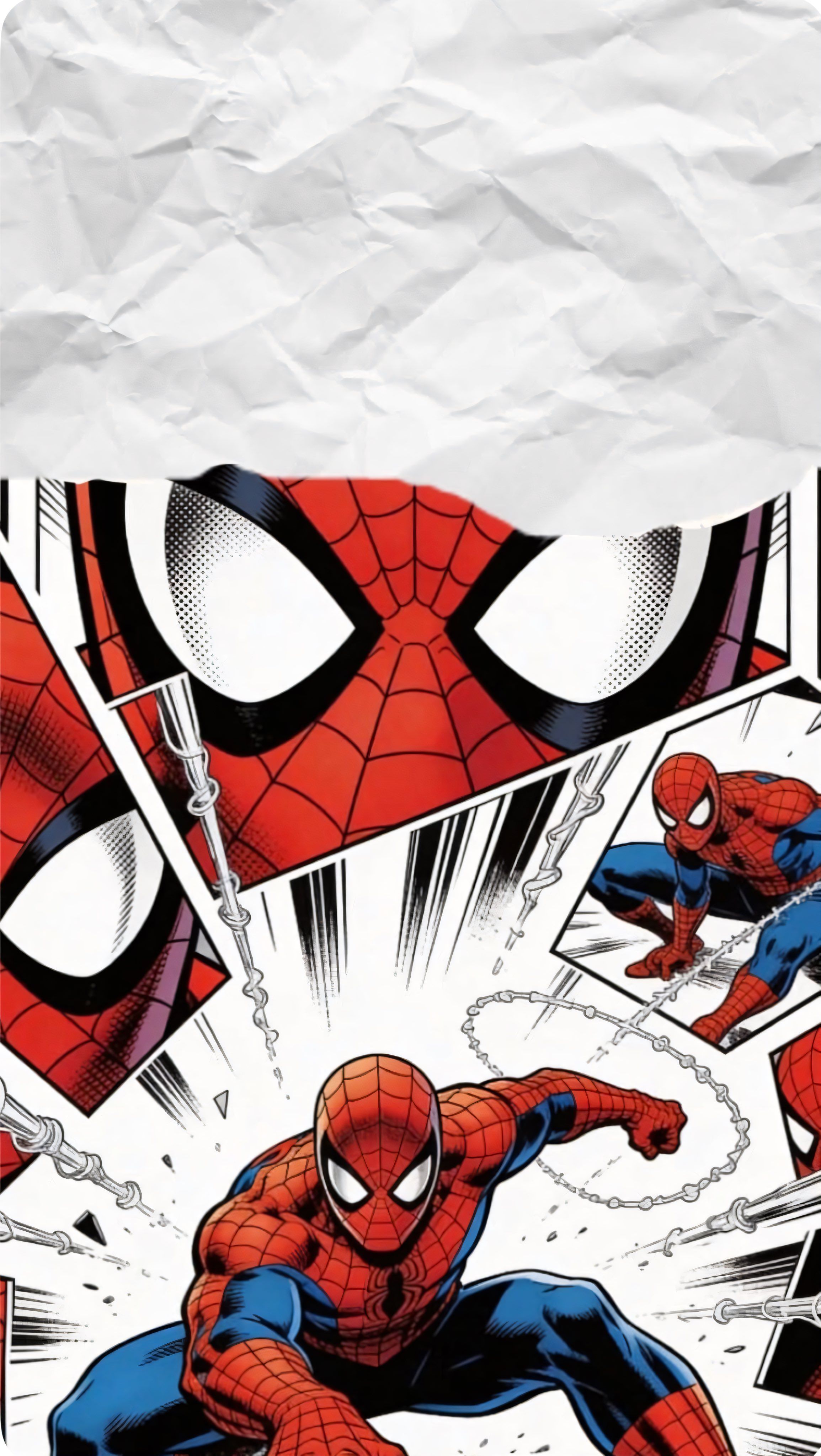 Traditional American comic book illustration features a close-up of Spider-Man and dynamic action