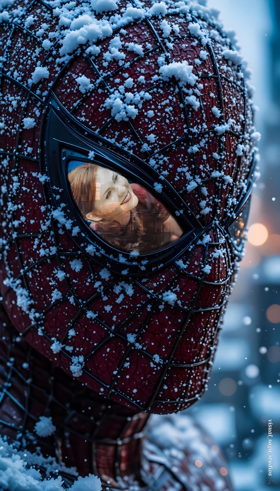 Close-up mostra uma máscara vermelha do Homem-Aranha coberta de neve refletindo o sorriso de uma mulher