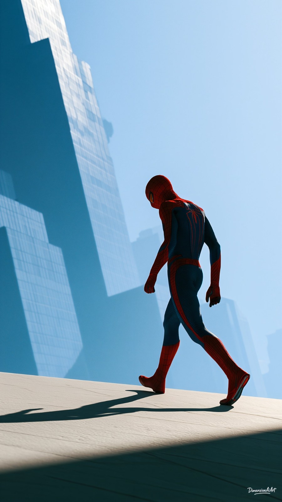 Homem-Aranha com traje vermelho e azul caminhando na borda do topo de um arranha-céu