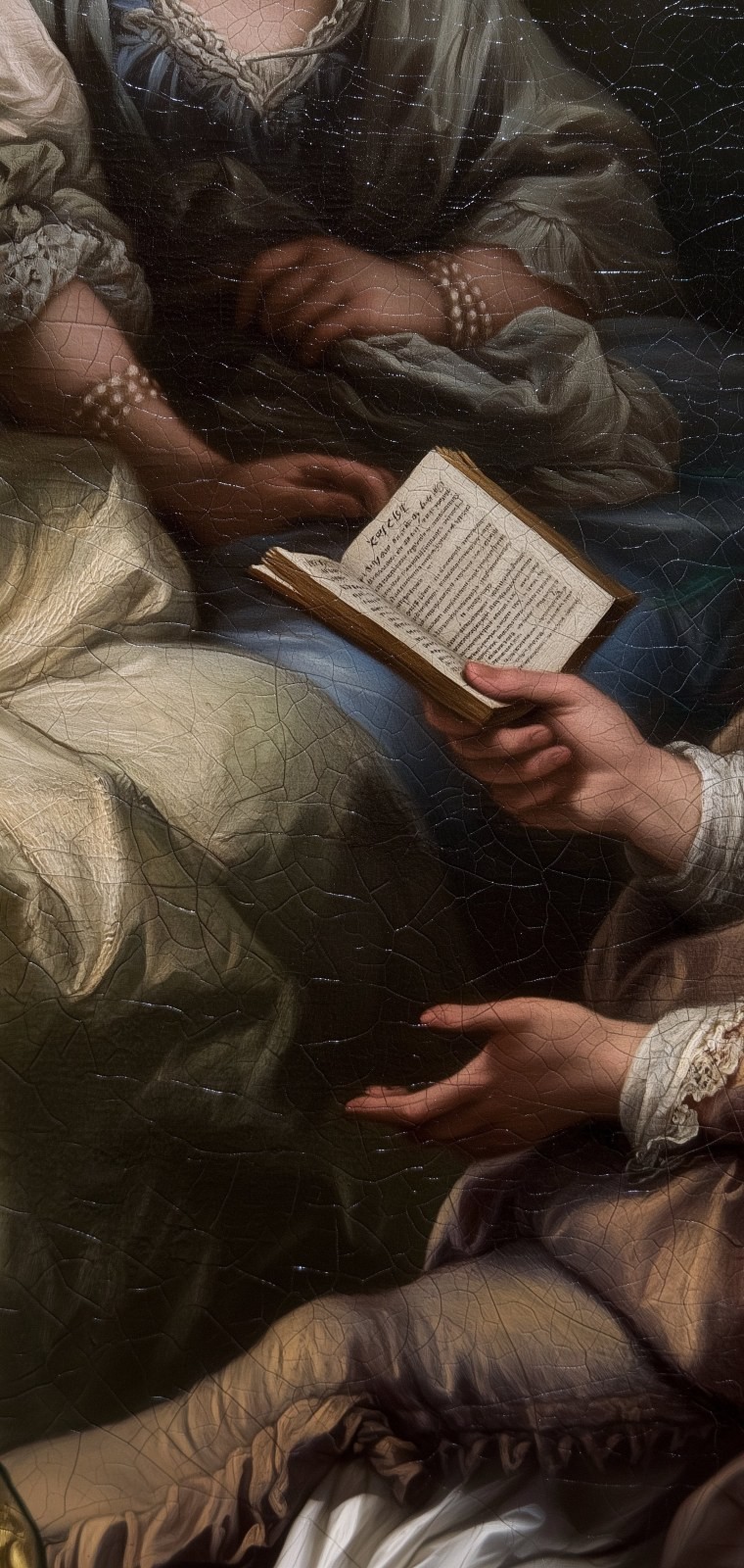 This oil painting depicts two people sharing a reading moment