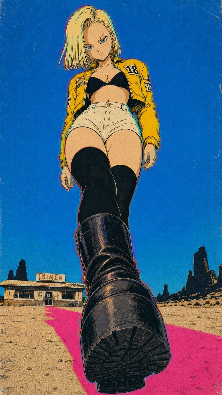 A blonde woman walks in a desert wearing a bright yellow jacket and black over-the-knee socks