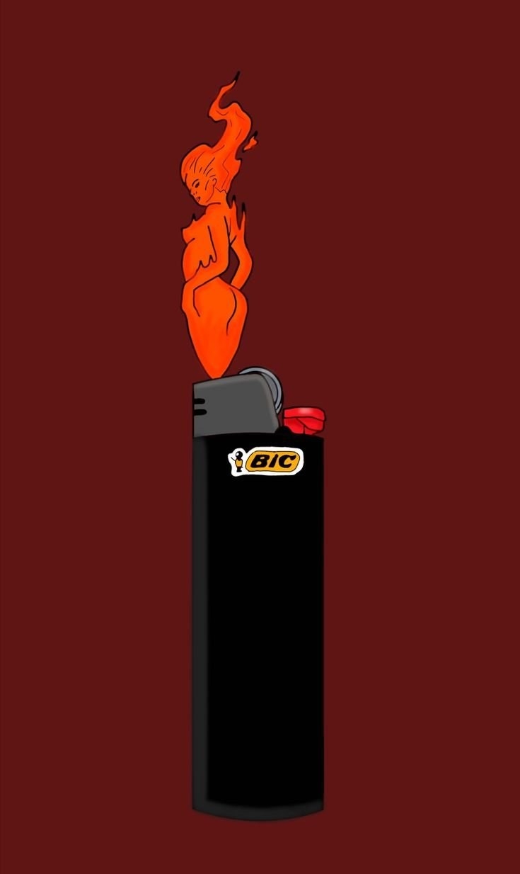 畫面中央是一支黑色BIC一次性打火機，頂部火焰擬人化為橙紅色裸體女性輪廓，背景為深紅色，呈現超現實主義風格