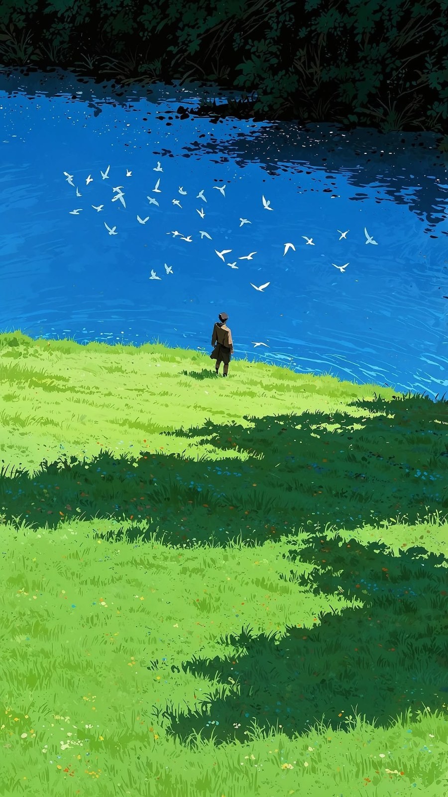 A person in dark clothing stands alone at the edge of a grassy slope, gazing at the blue water