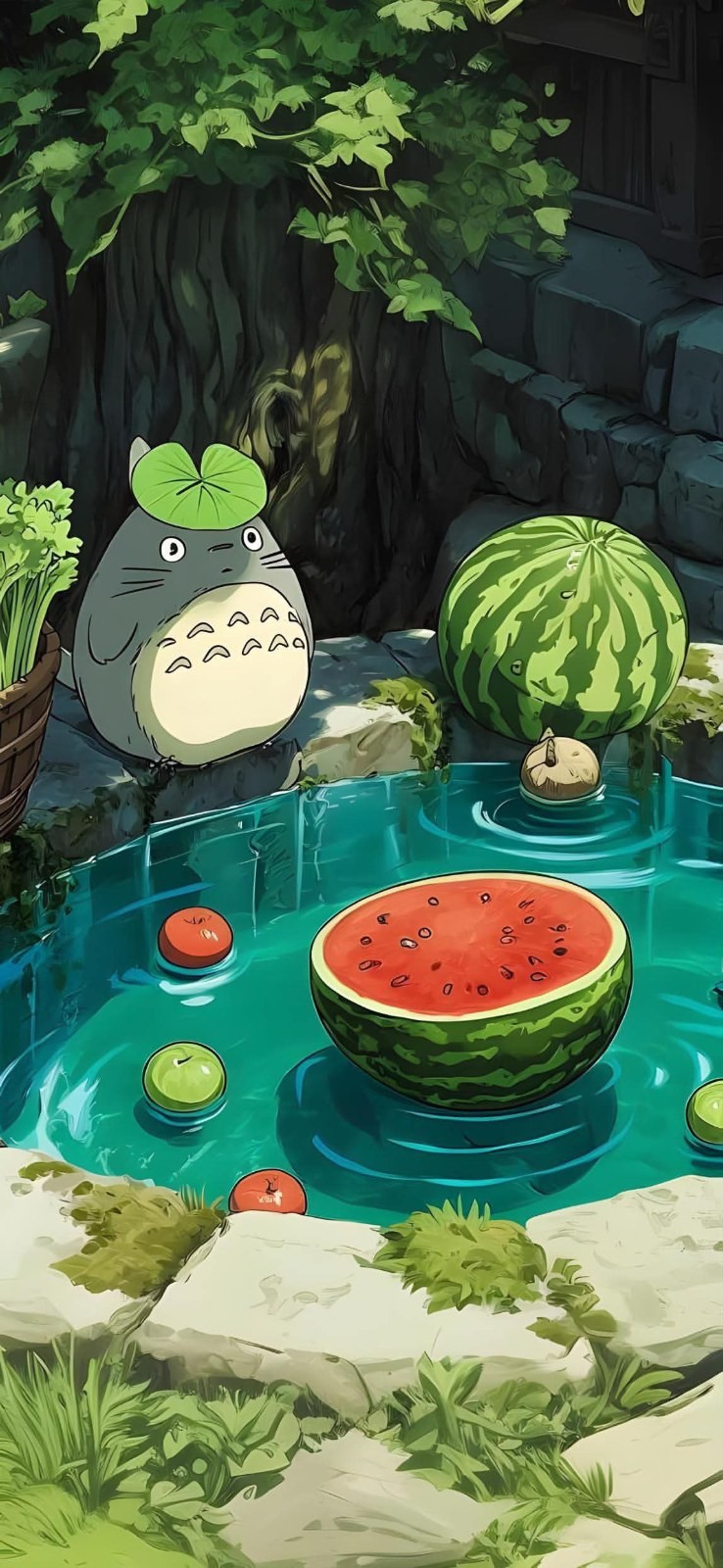 A gray cartoon creature sits by the pond