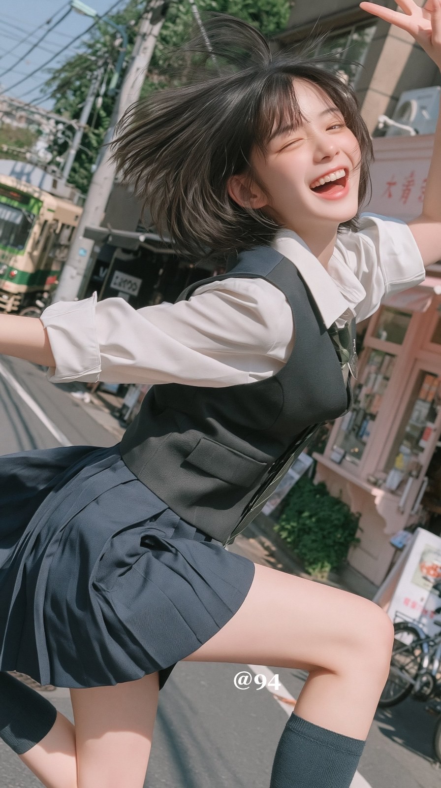 A young girl jumps and laughs on a Japanese street, showcasing her youthful energy