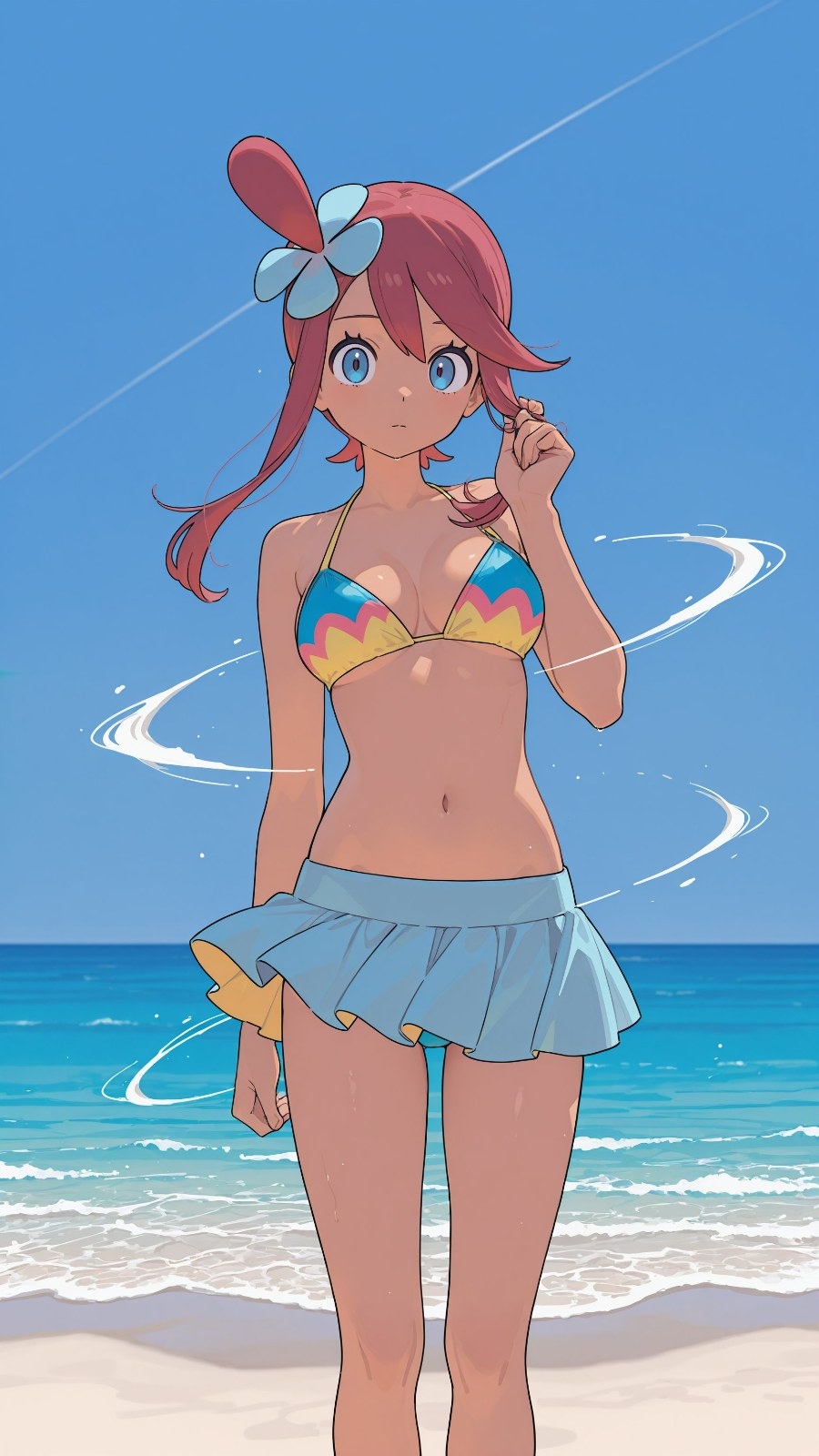 An anime girl with red hair and blue eyes is at the beach wearing a wave-pattern bikini and ruffled skirt