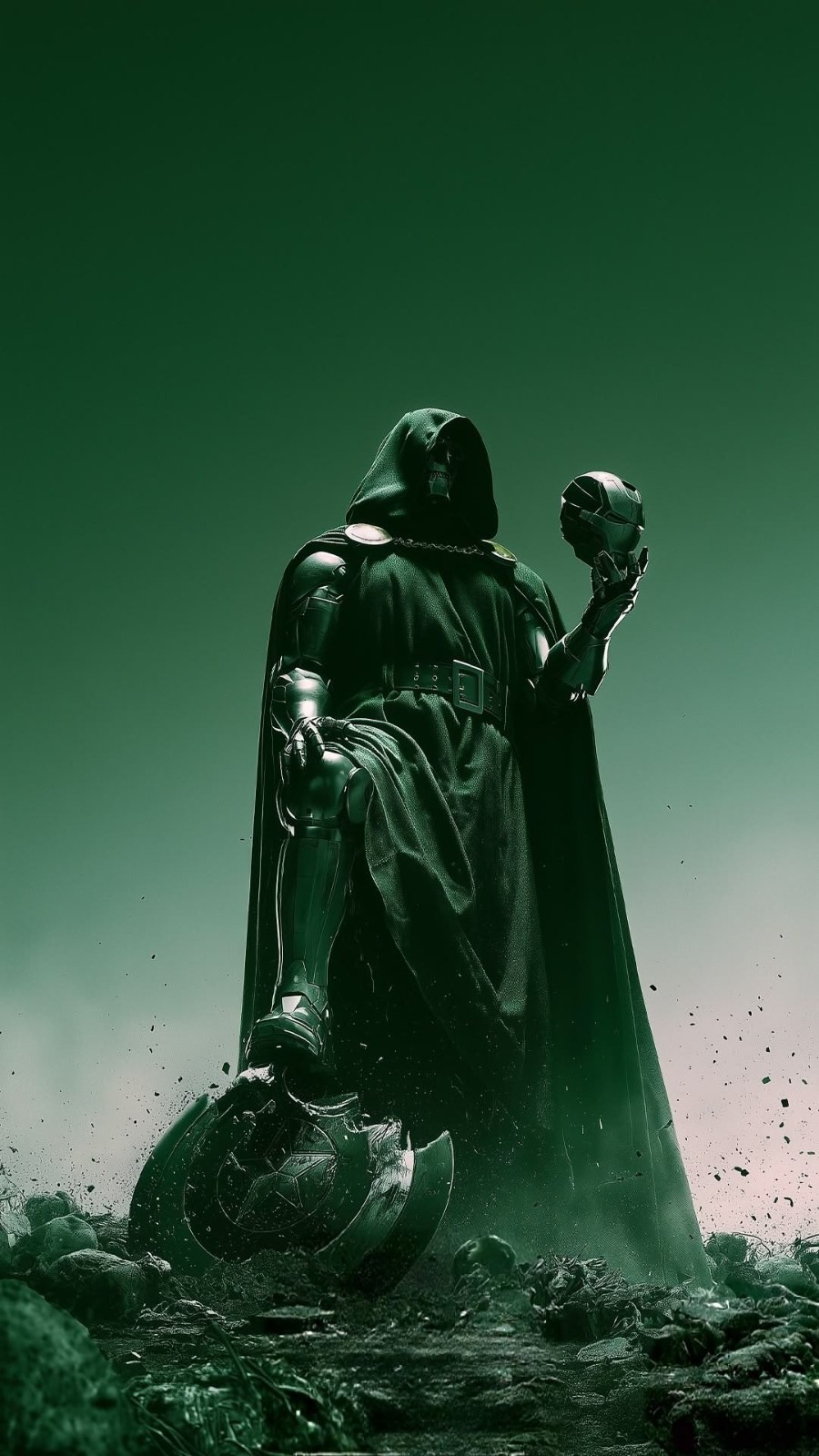 Uma figura misteriosa vestida com manto e armadura segura um capacete de metal quebrado e está de pé sobre um escudo destruído em uma ruína desolada